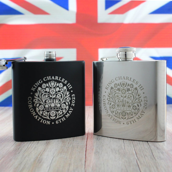 Engraved Commemorative Coronation of the King Black Hip Flask