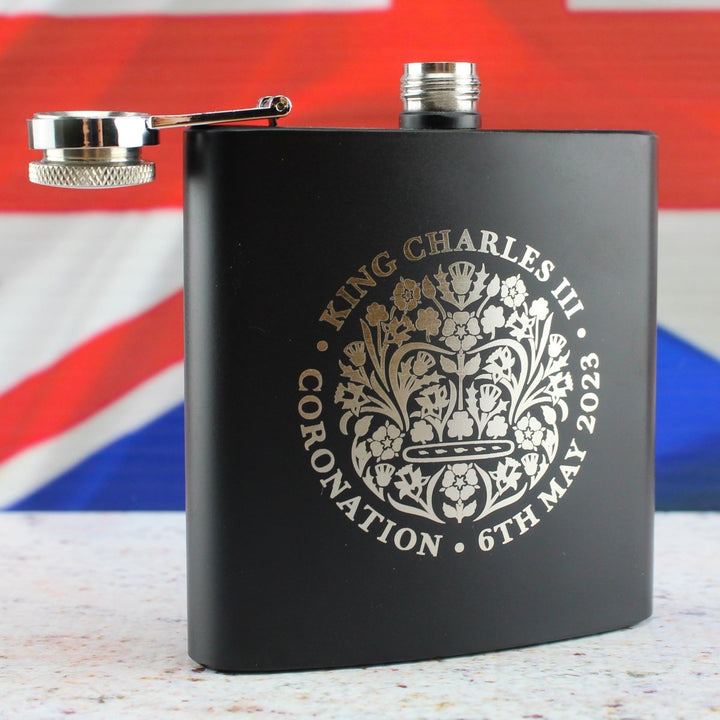 Engraved Commemorative Coronation of the King Black Hip Flask