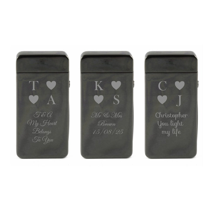 Engraved Electric Arc Lighter, Black, Heart Initials, Gift Boxed