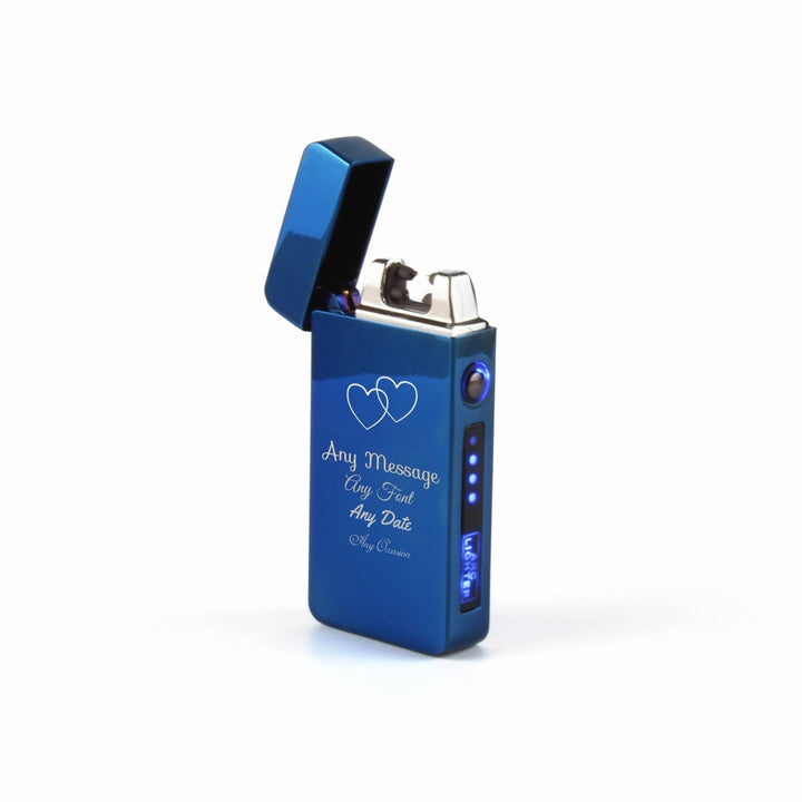 Engraved Electric Arc Lighter, Blue, Overlapping Hearts