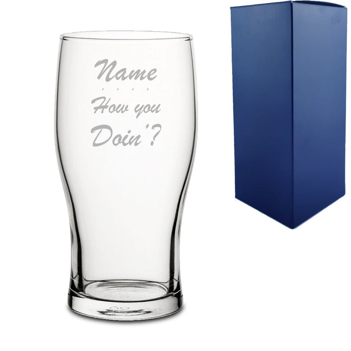 Engraved Funny "Name, How you doin'?" Novelty Pint Glass With Gift Box