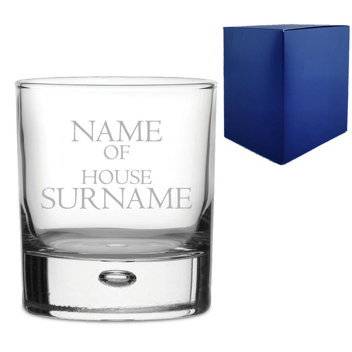 Engraved "Name of House Surname" Novelty Whisky Tumbler With Gift Box