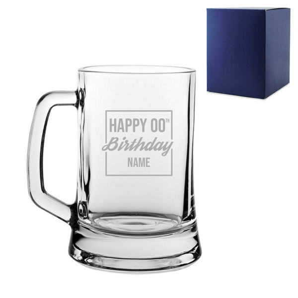 Engraved Tankard Beer Mug Stein Happy 20,30,40,50... Birthday Square Design Gift Boxed