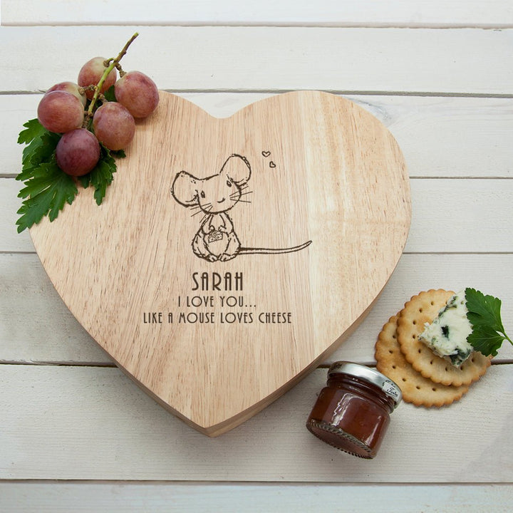 'Like A Mouse Loves Cheese' Romantic Heart Cheese Board With 3 Cheese Knives