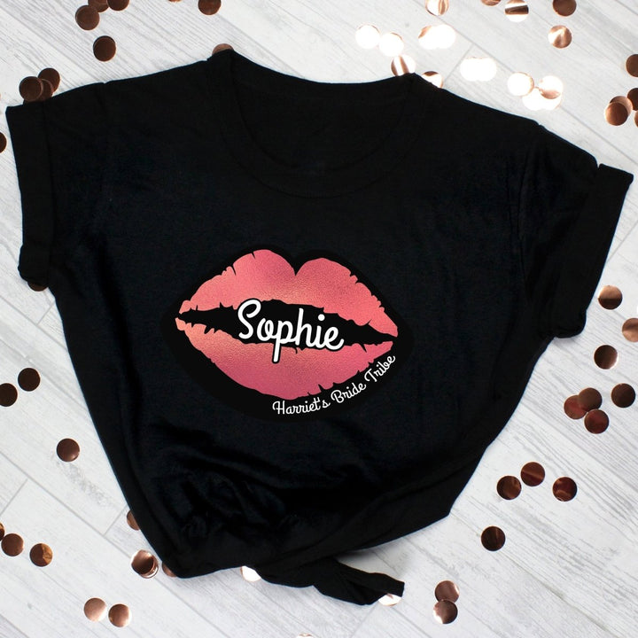 Personalised Rose Gold Lips Hen Party T-Shirt - Black Large