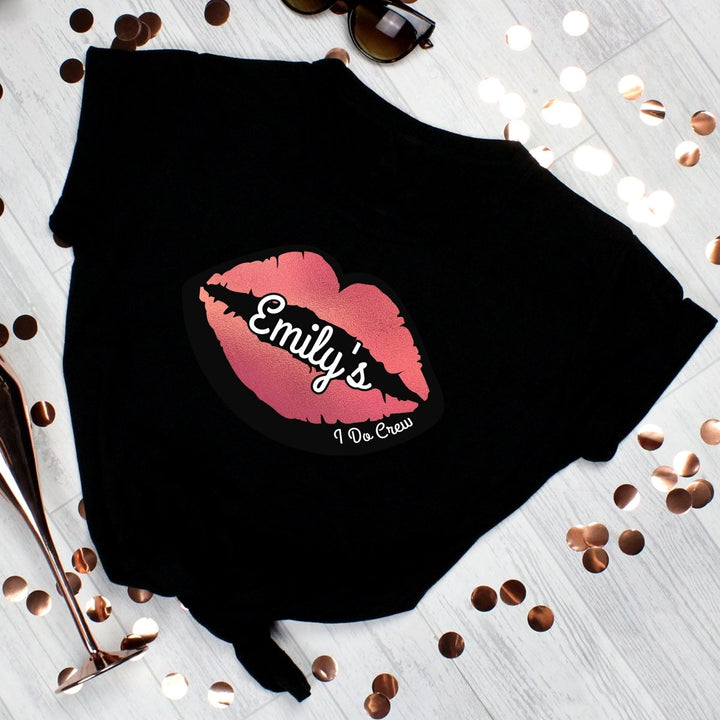 Personalised Rose Gold Lips Hen Party T-Shirt - Black Large