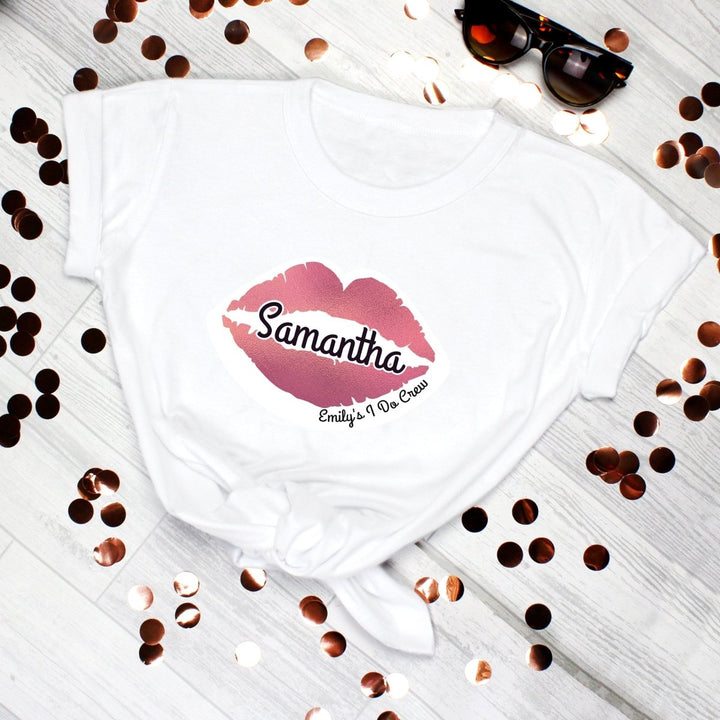 Personalised Rose Gold Lips Hen Party T-Shirt - White Large
