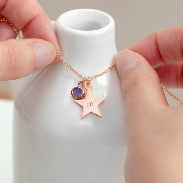 Personalised Rose Gold Star with Birthstone Crystal Necklace