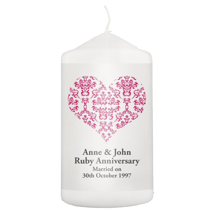 Personalised Ruby Damask Heart Pillar Candle
