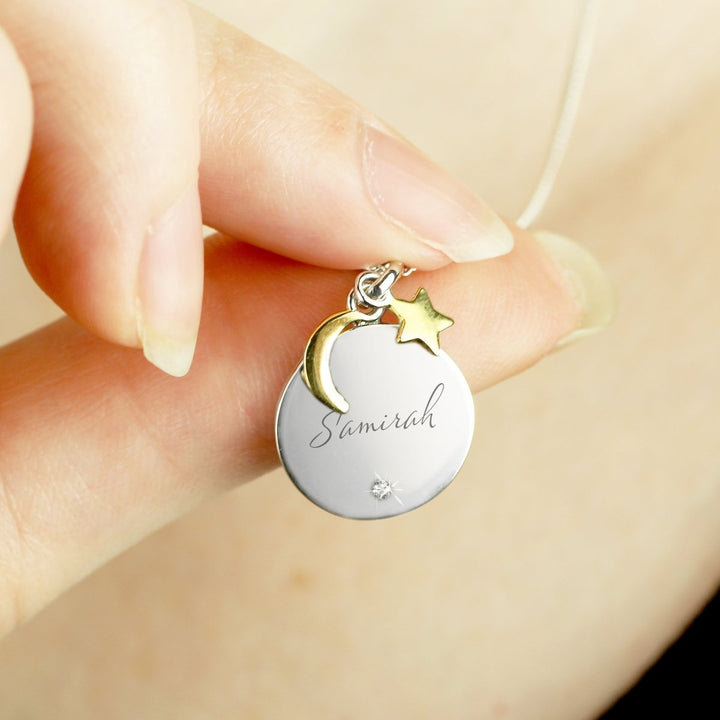 Personalised Sentiment Eid Moon & Star Sterling Silver Necklace and Box