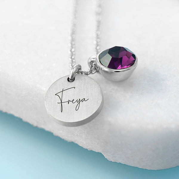 Personalised Silver Birthstone Crystal and Disc Necklace