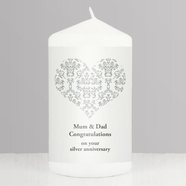 Personalised Silver Damask Heart Pillar Candle