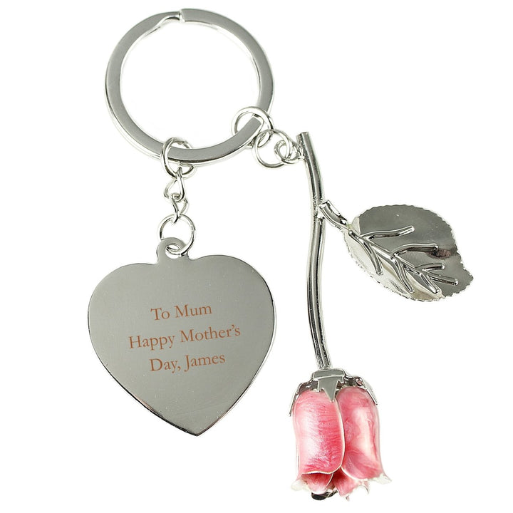 Personalised Silver Plated Pink Rose Keyring